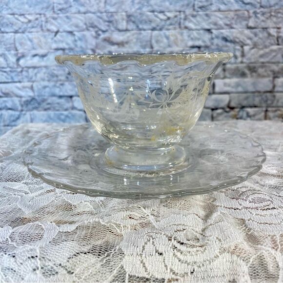 Vintage Crystal Condiment Bowl with Matching Saucer Set of Two - Picture 1 of 7